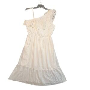 Old Navy Womens Dress Sz L Off-White One Shoulder Eyelet Ruffle‎ Boho Casual NWT